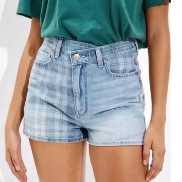 American Eagle Outfitters Pants - American Eagle Plaid Crossover Highest Rise Mom Denim Shorts 4
